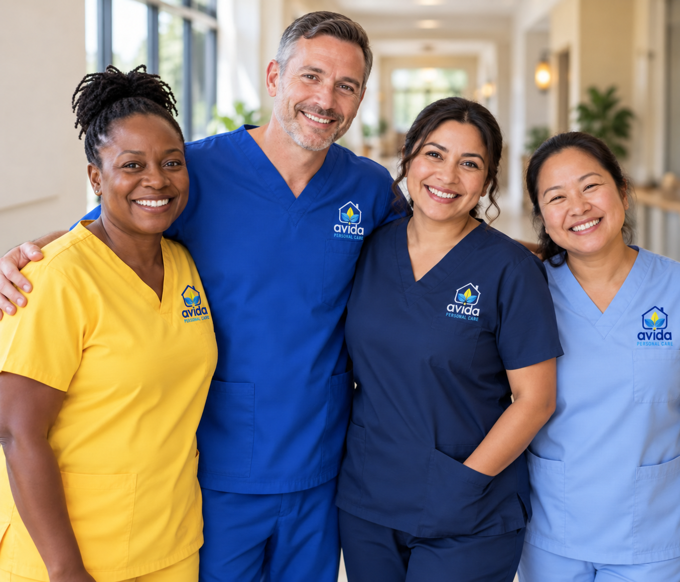 Four smiling Avida Personal Care caregivers standing arm in arm in yellow, royal blue, navy, and light blue scrubs