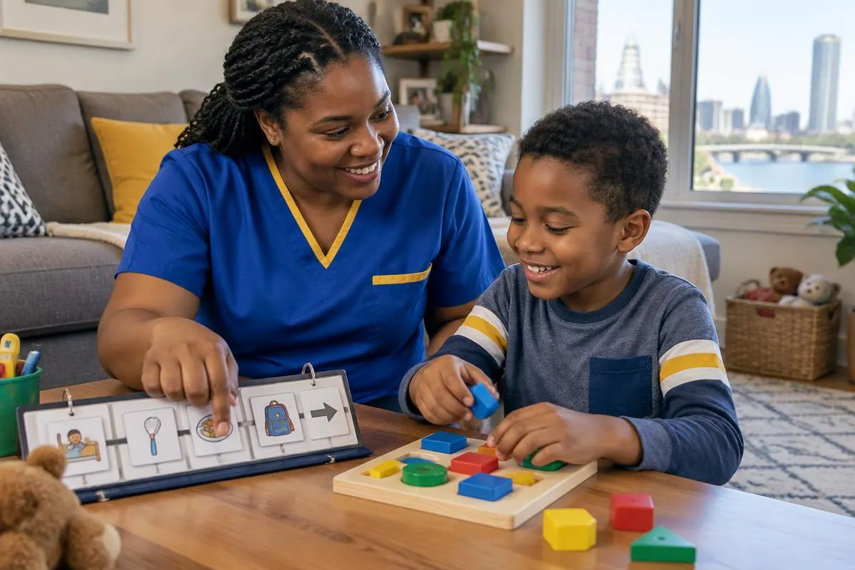 Avida caregiver in royal blue scrubs working through a visual routine schedule with a young boy with autism at a Milwaukee kitchen table
