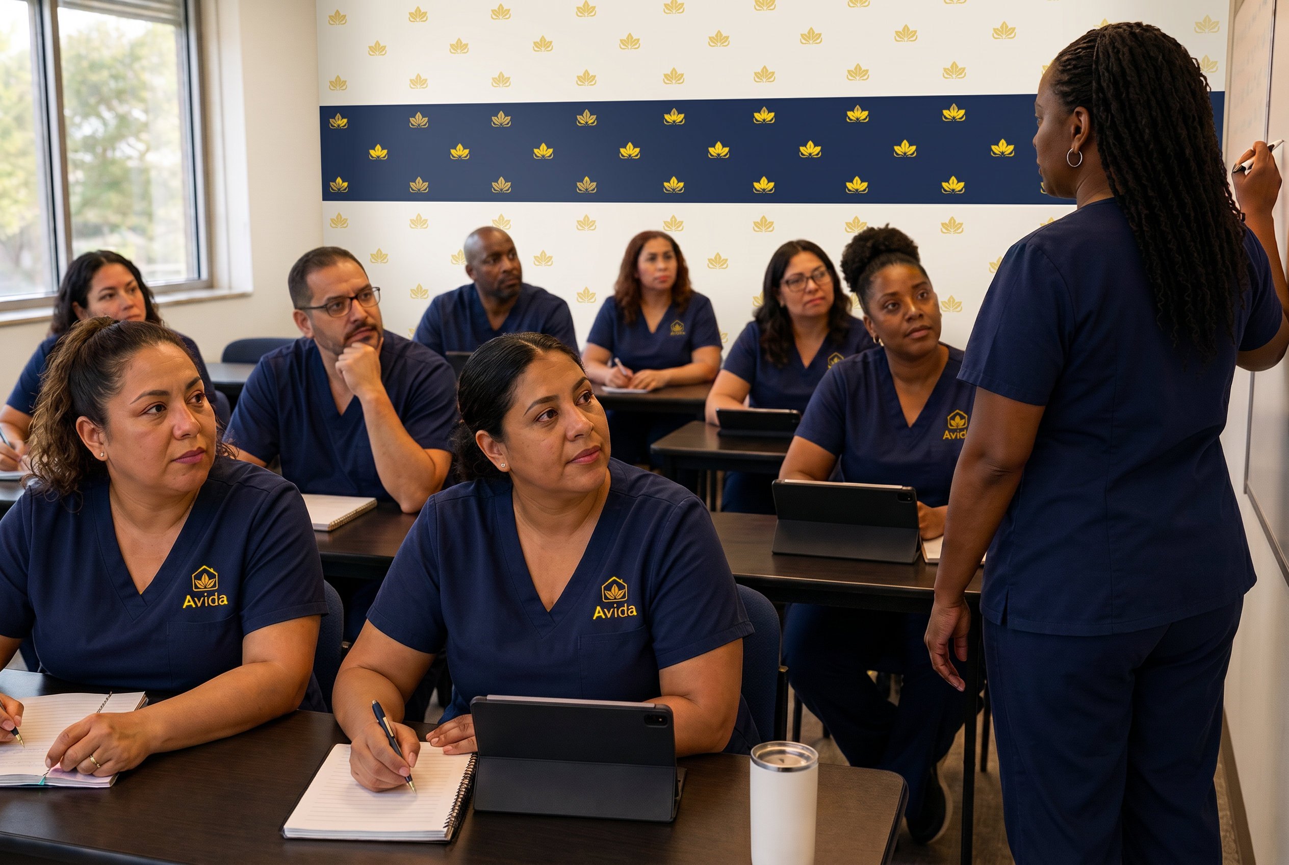 Cuidadores de Wisconsin con uniformes médicos azul marino de Avida aprendiendo juntos en un salón de clases