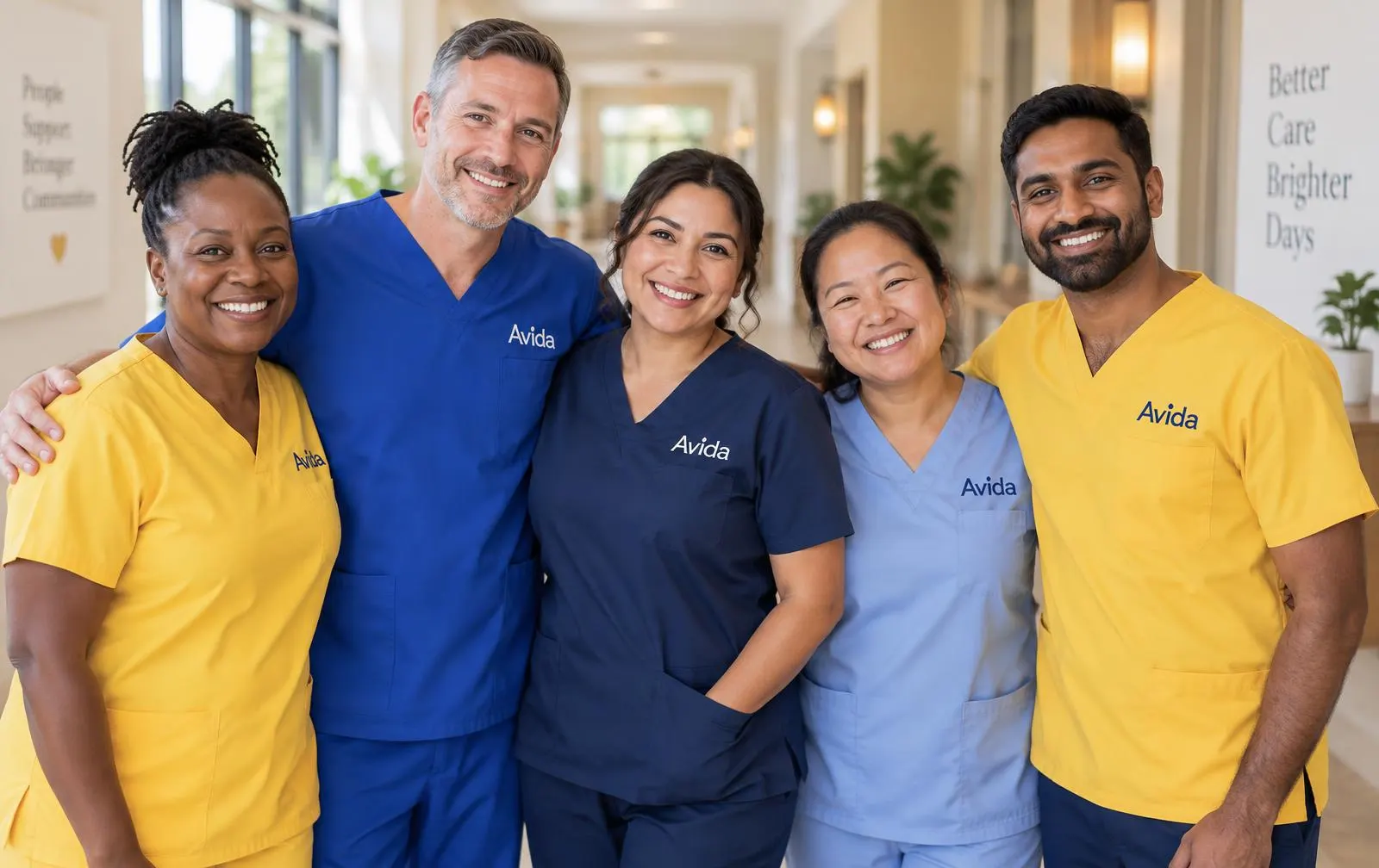 Five smiling Avida Home Care caregivers of diverse backgrounds standing arm in arm in a bright hallway, wearing yellow, royal blue, navy, and light blue Avida scrubs