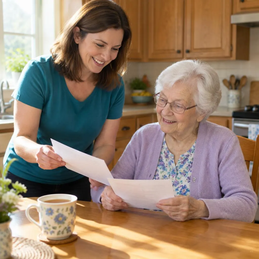 A caregiver standing beside an older client at a kitchen table, going over paperwork together