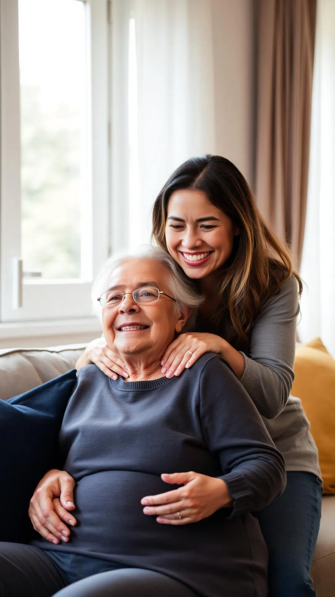 Smiling Latina caregiver with elderly mother in a cozy living room