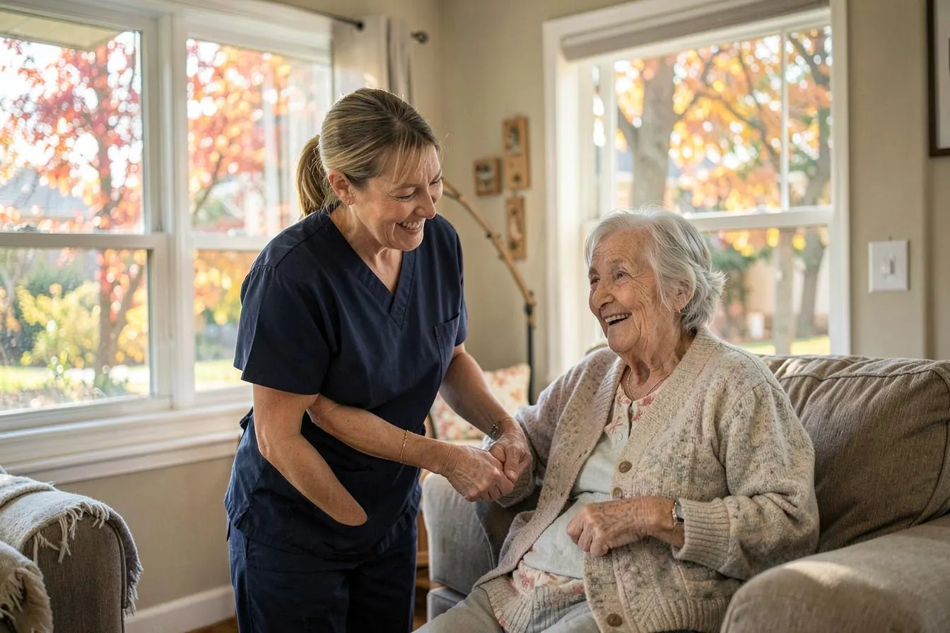 Avida caregiver helping an elderly woman at home in Waukesha County, Wisconsin
